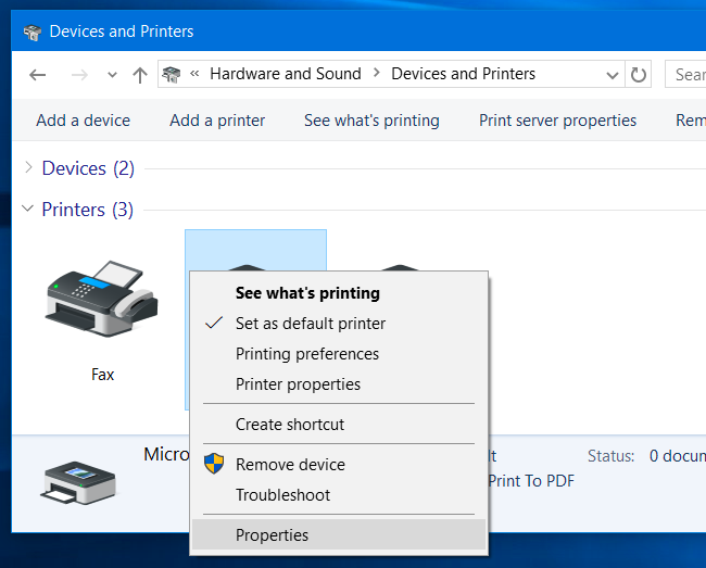 printer properties menu windows 10